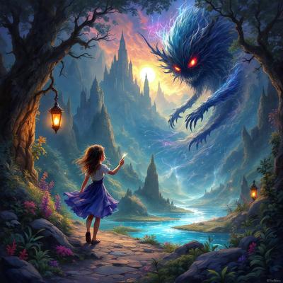 The primary subject of the image is a young girl standing on a path in a forest. She is wearing a blue dress and appears to be looking at a large, scary monster. The setting is a forest with a path, and the visual style is a digital art illustration. The colors and mood of the image are dark and eerie, with the monster looming over the girl, creating a sense of fear and tension.